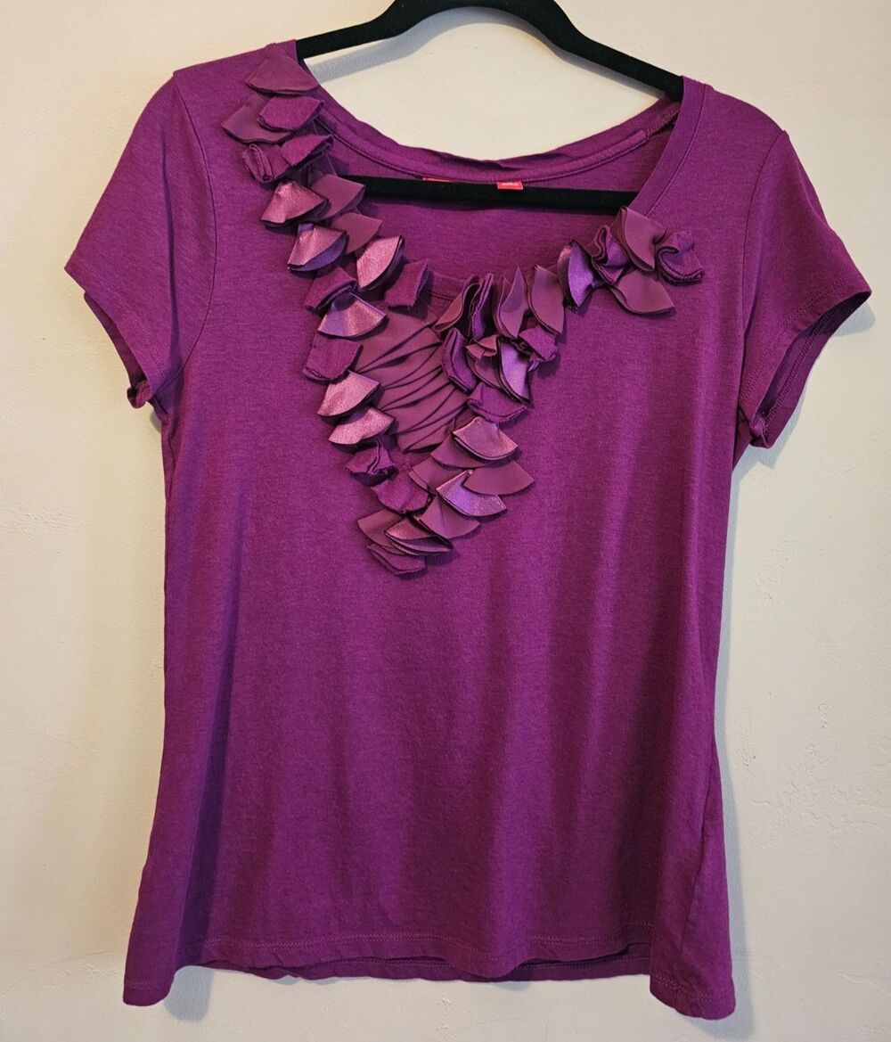 Pima Cotton Modal Blend Ruffle V Neck, wine color-Elle sz M